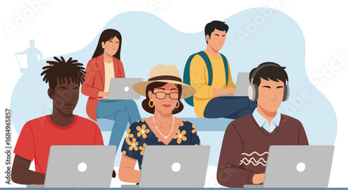 Diverse group engaged on laptops, illustrating remote work, online learning, or global digital connectivity. Represents e-learning, freelancing, and modern collaboration.