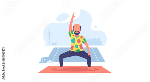 An illustration of a man practicing yoga or fitness outdoors on a mat, promoting wellness, active lifestyle, and balance. Ideal for health and exercise concepts.