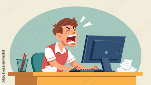 Frustrated man screams at computer while working on a stressful project, surrounded by crumpled papers. Depicts tech issues, workplace stress, or burnout.