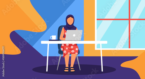 A focused woman in a hijab works remotely on her laptop at a desk, depicting modern productivity and digital lifestyle in a colorful setting.