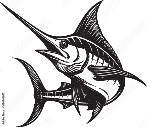 Elegant Marlin Fish Illustration in Black and White Detailed Aquatic Animal Art Design Artwork Marine Life Symbol Creative Graphic