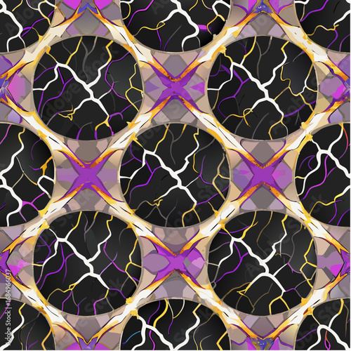 Abstract geometric pattern with circles and bold lines in black, purple, and gold