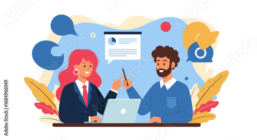 Two smiling business professionals collaborate on a laptop, discussing data and ideas in a dynamic office setting. Ideal for teamwork, communication, and business strategy.