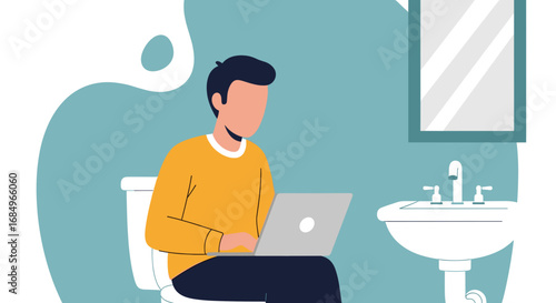 Man working on laptop while sitting on toilet, illustrating remote work, flexible hours, or multitasking lifestyle at home.