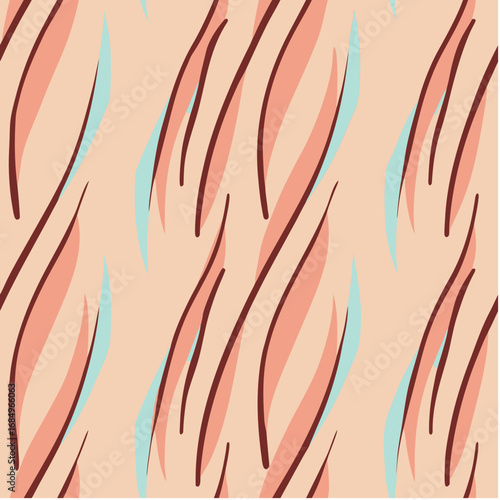 Abstract wavy pattern with flowing lines in peach, blue, and brown tones