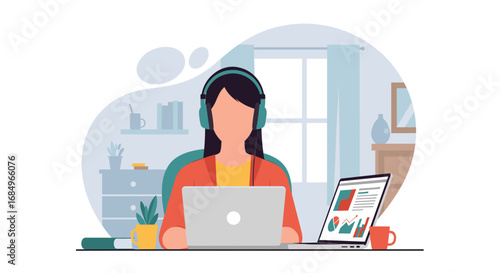 A focused woman works remotely from home on her laptop, wearing headphones. Ideal for concepts of productivity, online business, and virtual communication.