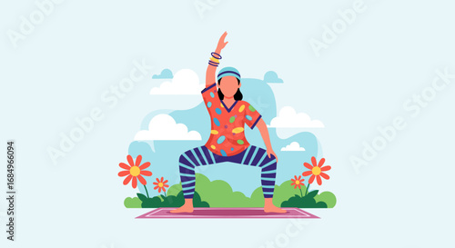 Woman in colorful activewear performing a yoga pose on a mat outdoors amidst flowers and clouds. Perfect for health, wellness, and active lifestyle themes.