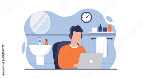 Professional works remotely from an unconventional bathroom home office, highlighting modern work flexibility and adaptability.