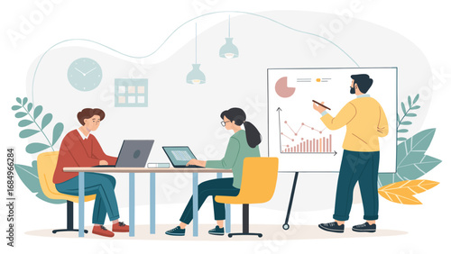 Professionals collaborate in a modern office, analyzing data and discussing business strategy during a productive team meeting. Ideal for corporate, finance, and training concepts.