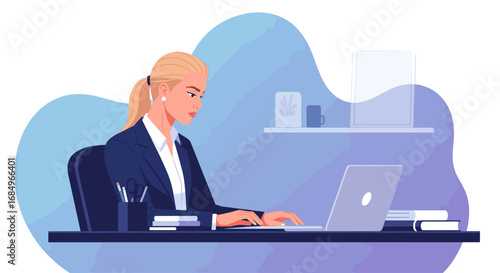 Focused professional woman working diligently on her laptop at a modern office desk. Ideal for business, remote work, productivity, and corporate themes.