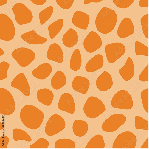 Playful giraffe print pattern with irregular orange shapes on beige background