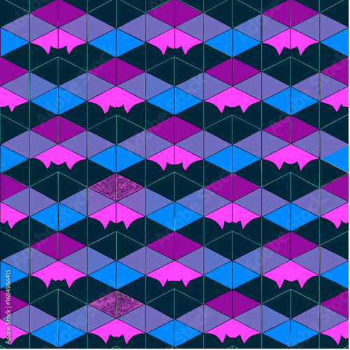 Geometric bat pattern design with purple and blue shapes on dark background