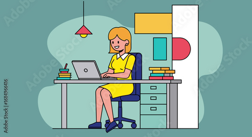 Happy woman in a yellow dress working productively on a laptop at her modern office desk. Ideal for business, remote work, or online education concepts.