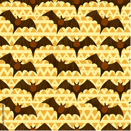 Halloween pattern with bats on a light yellow background for thematic decoration
