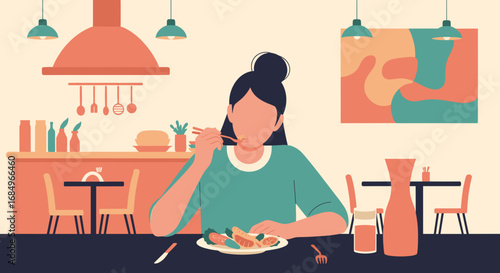 Woman enjoying a healthy meal with chopsticks in a modern kitchen or restaurant setting, promoting mindful eating and relaxed lifestyle.