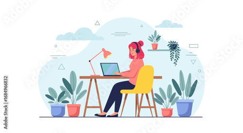 Woman with headphones working on laptop in a stylish home office with plants. Represents remote work, online learning, or creative freelancing.