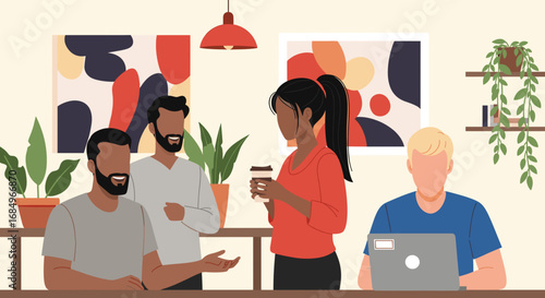 Diverse team collaborates and works in a modern, casual office or co-working space. Perfect for showcasing teamwork, discussion, and productivity in a friendly, inclusive business environment.