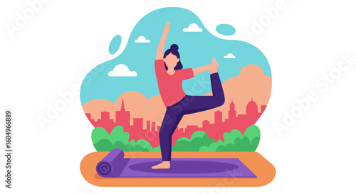 Woman practicing yoga with balance and grace on a mat outdoors, serene city skyline background. Represents health, fitness, and mindful living.