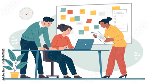 Three diverse professionals collaborate in a modern office, discussing project tasks and ideas using a laptop and whiteboard. Ideal for business, teamwork, and planning concepts.