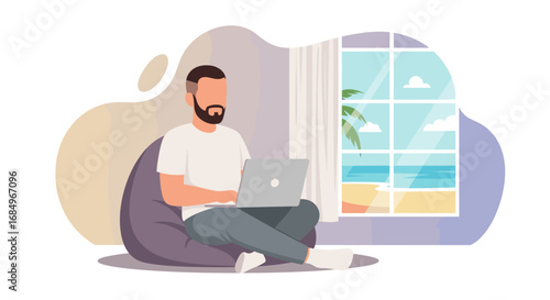 Man working remotely on laptop from a comfortable setting with a tropical beach view. Flexible work, digital nomad lifestyle, and work-life balance.