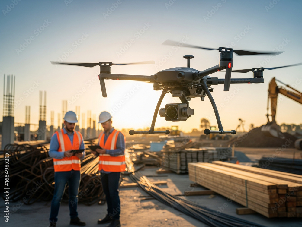 Fototapeta premium Drone highlights construction workers checking details of ongoing project.