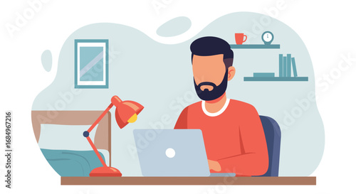 Bearded man working remotely on a laptop at a home desk. Represents freelance, online education, or modern business productivity and lifestyle.