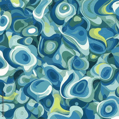 Abstract seamless blue water wave pattern with decorative ornate swirls, vector illustration