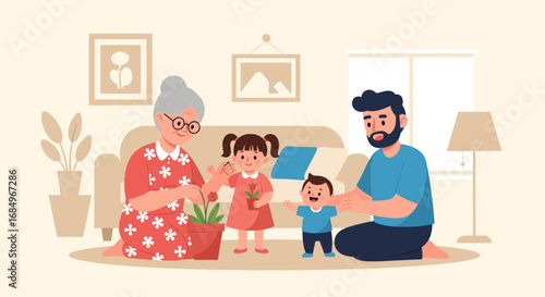 Happy multi-generational family (grandmother, father, two children) caring for a houseplant in a warm home, illustrating love, nurturing, and quality time together.