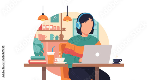 Focused woman in headphones working on a laptop at a cafe table with coffee and books, ideal for remote work, study, or online learning.