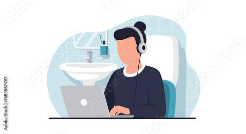 Person with headphones works on a laptop while seated on a toilet, illustrating remote work, flexible hours, and unconventional workspaces.