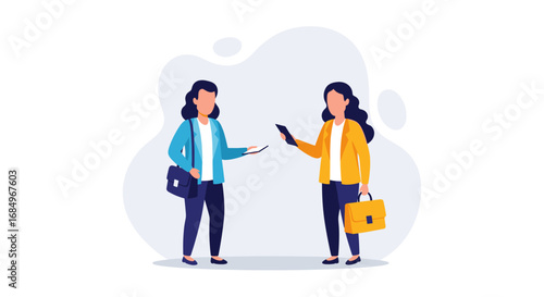 Two professional women engage in a business interaction, exchanging information on digital devices, representing modern collaboration and communication.