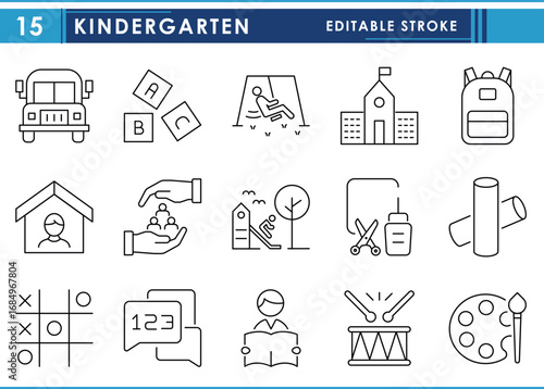 Kindergarten related line icons set. Kids, fun, joy, learn, learning, school bus, read, and so on. Vector editable stroke.