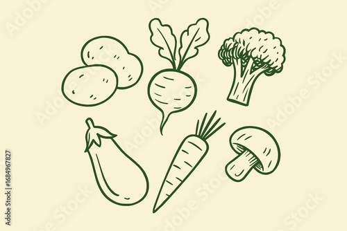 Vegetables set sketch thick contour vector illustration