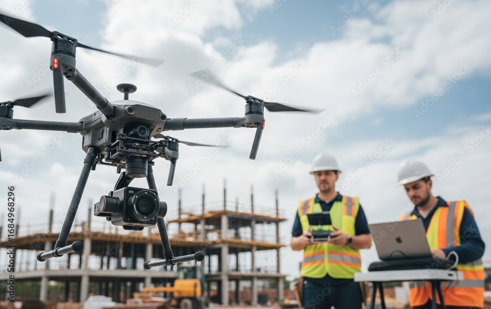 Fototapeta premium Collaboration between workers and drone improves construction project efficiency.