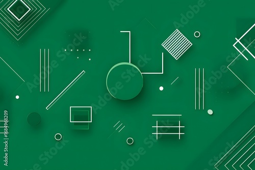 Green background with simple geometric shapes, white lines, flat design style, vector graphics,
