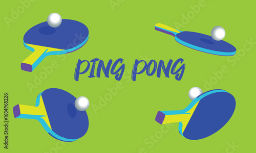Ping pong poster, rackets different, balls, green background, flat style, tournament design, table tennis competition. Sports store decor, racket sports accessories, activity, hobby, indoor game