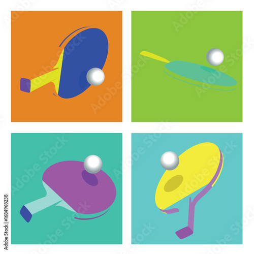 Table tennis rackets, flat style, contrasting colors, collection, sports accessories. Set of ping pong rackets, different angles, illustration for tennis club, sports activity, team sports