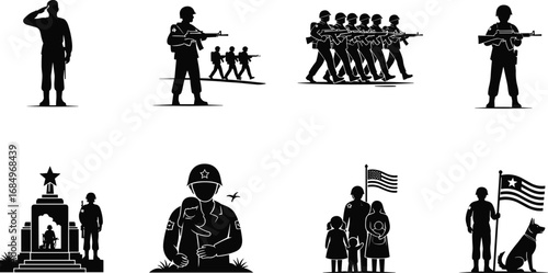 Military soldier silhouettes, army troops marching, saluting soldier, soldier with rifle, war memorial, patriotism, family, flag, military dog, honor