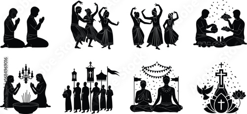 Religious and cultural traditions with prayer, meditation, ritual ceremonies, group worship, spiritual dance, offerings, faith, peace, devotion, and community gatherings