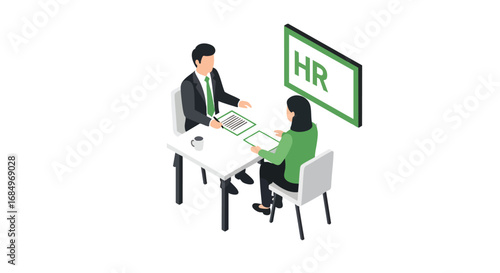 Isometric illustration of an HR job interview business meeting recruitment employment office manager candidate discussion documents corporate professional vector flat green