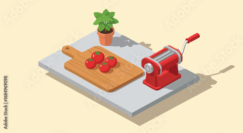 Isometric kitchen scene homemade pasta ingredients flat vector art Pasta Tomatoes Basil Maker Cooking Fresh