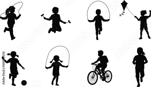 Silhouettes of children playing outdoors, skipping rope, flying kite, riding bicycle, jumping, running, active kids, childhood fun, healthy lifestyle