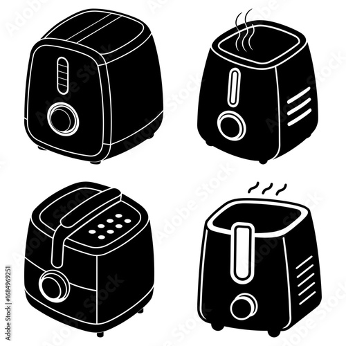Four black and white kitchen appliances including two air fryers and two toasters in monochrome style