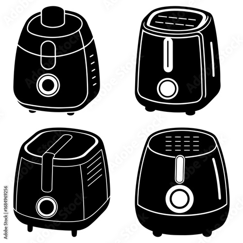 Illustration showing four different black air fryers with various designs and control panel placements