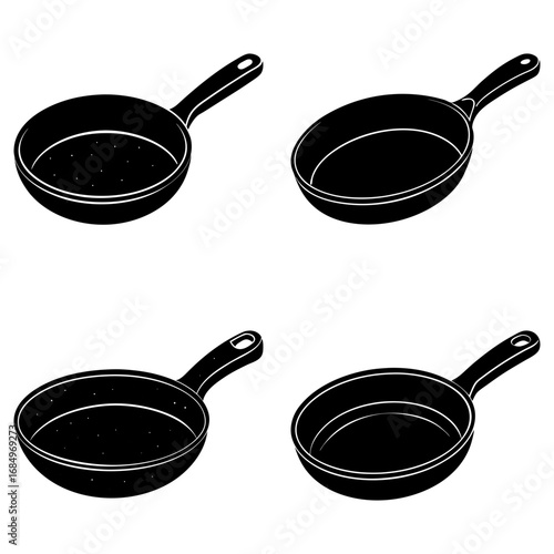 Four black and white illustrations of frying pans with handles arranged in a square pattern design