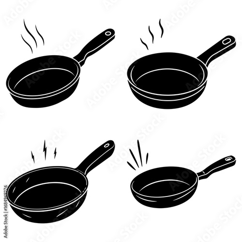 Four black and white sketch style illustrations of frying pans with steam and heat lines around them