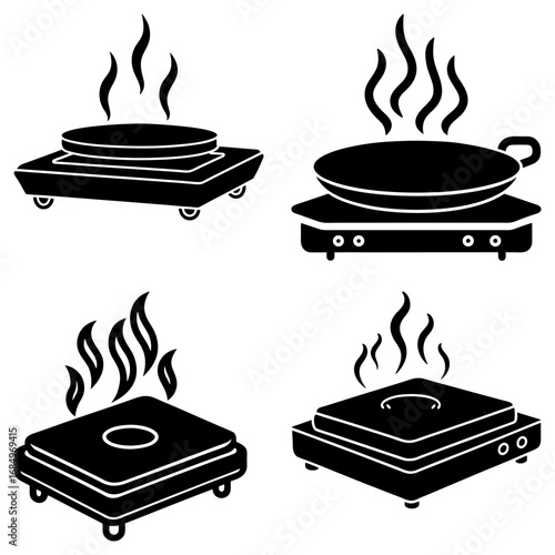 Four illustrations of hot plates with cookware and steam in a black and white vector design set up nicely