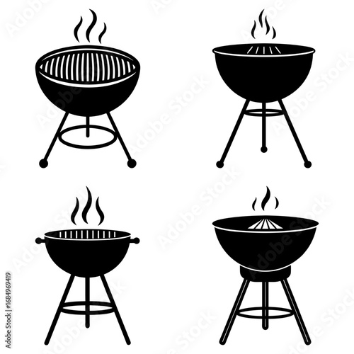 Four black barbecue grill icons with smoke rising above them in a symmetrical arrangement on white background