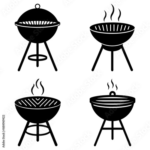 Illustration of four different black barbecue grills with smoke on a white background image design