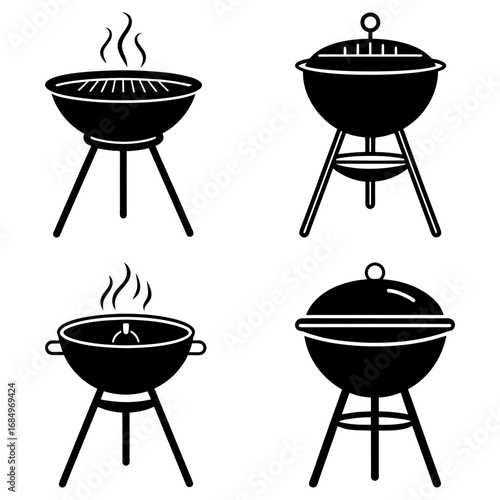Four black and white barbecue grill illustrations with varying styles and configurations shown together